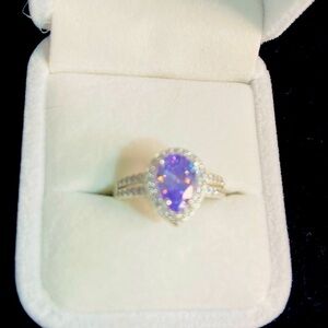 Pear Cut Lilac Stone and Crystal .925 Sterling Silver Ring.